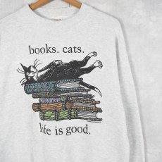 画像1: 2000's Edward Gorey "books.cats." 本×ねこプリントスウェット M (1)