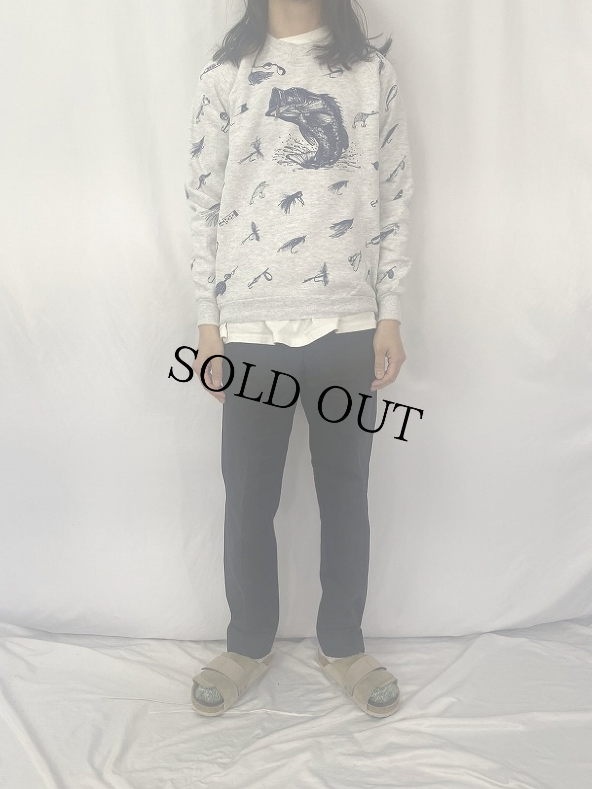 画像2: 90's MICHIGAN RAG CO. USA製 ルアー×魚 ギミックプリントスウェット L (2)