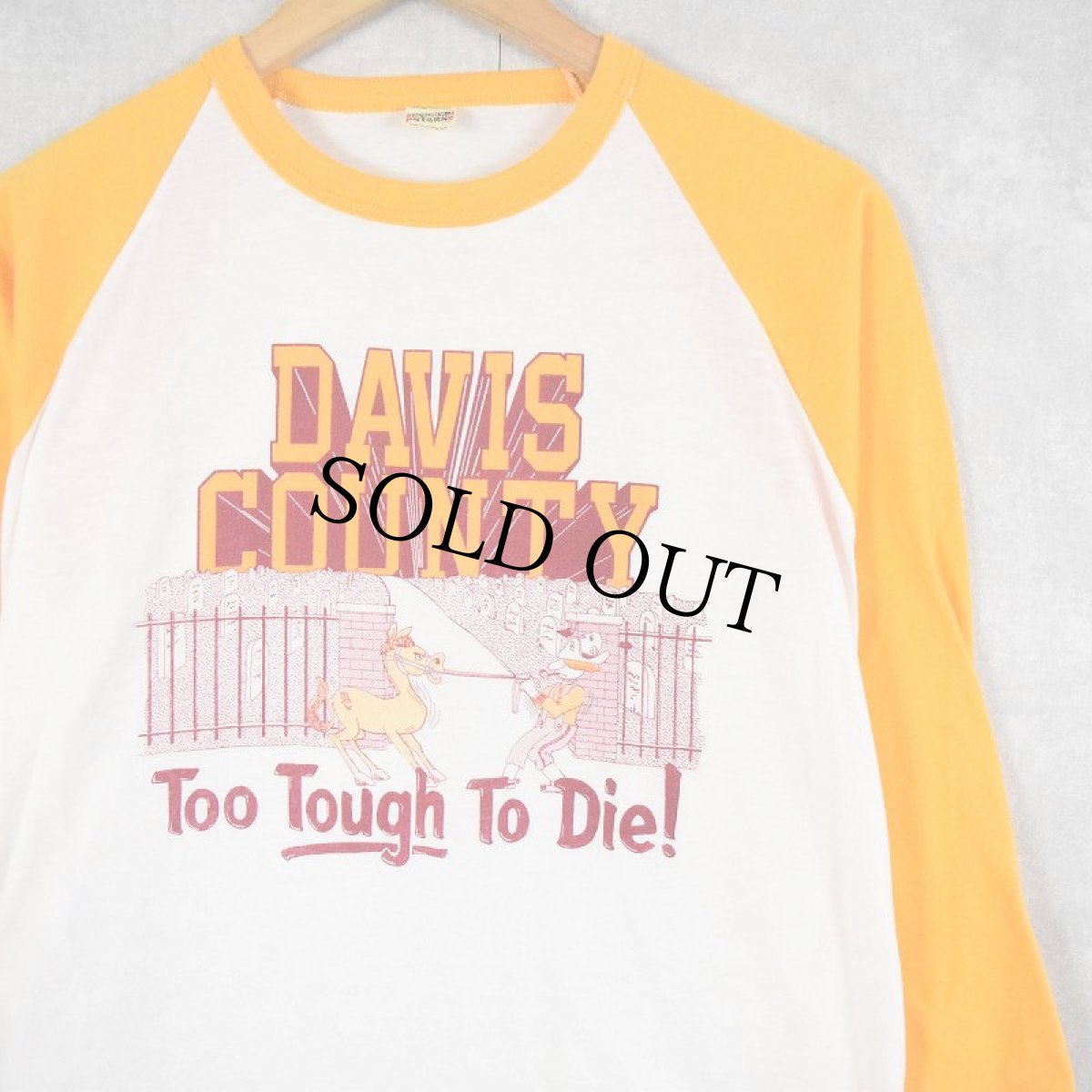 画像1: 80's DAVIS COUNTY USA製 "Too Tought To Die !" ラグランTシャツ XL (1)