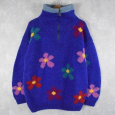 画像1: 【SALE】 NEPAL製 花柄編み ハイネック ハーフジップウールニットセーター (1)