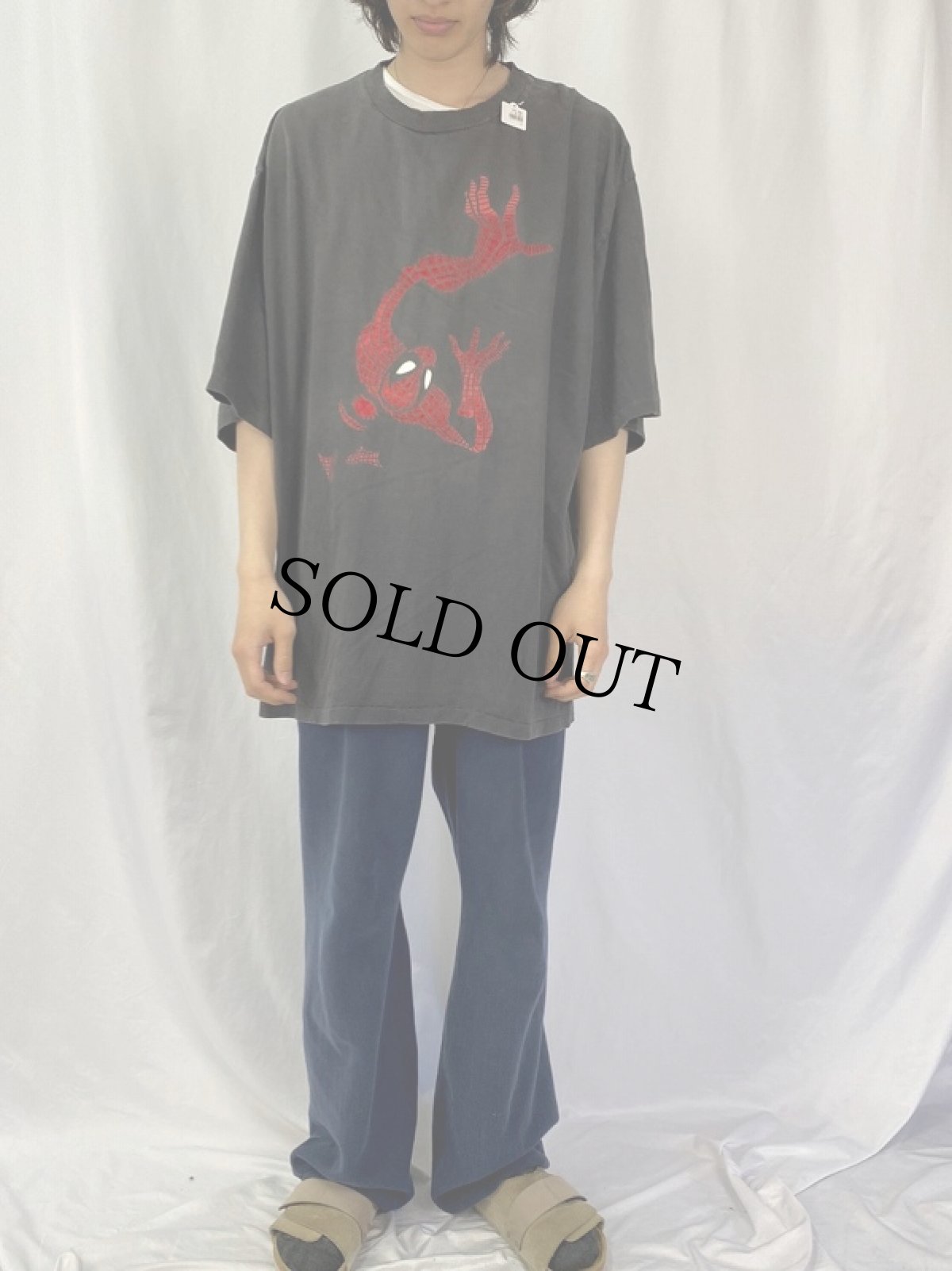 画像2: 90's Spider-Man USA製 キャラクターフロッキープリントTシャツ BLACK XXL (2)