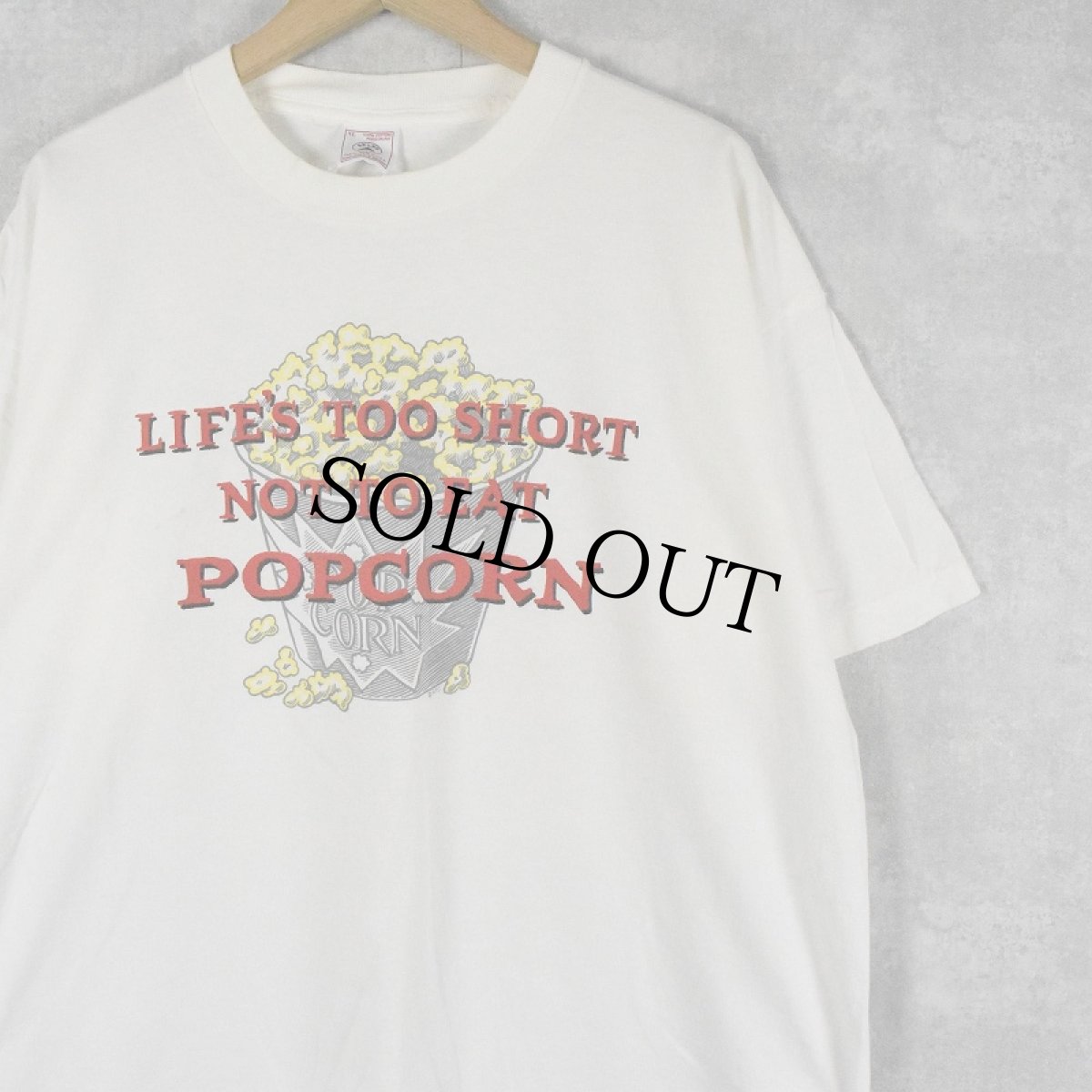 画像1: 90's USA製 ”LIFE'S TOO SHORT NOT TO EAT POPCORN” プリントTシャツ XL (1)