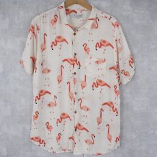 画像1: フラミンゴ柄 レーヨンオープンカラーシャツ L (1)