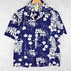画像1: 70's Vi-Maikai HAWAII製 オールオーバーパターン コットンアロハシャツ NAVY (1)