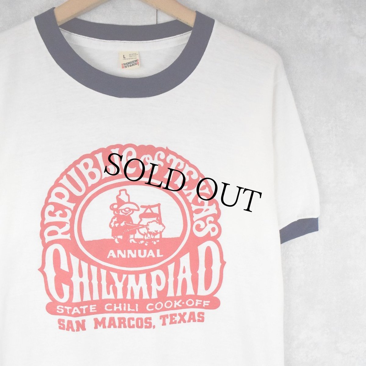 画像1: 80's "REPUBLIC OF TEXAS CHILYMPIAD" USA製 イラストプリントリンガーTシャツ L (1)