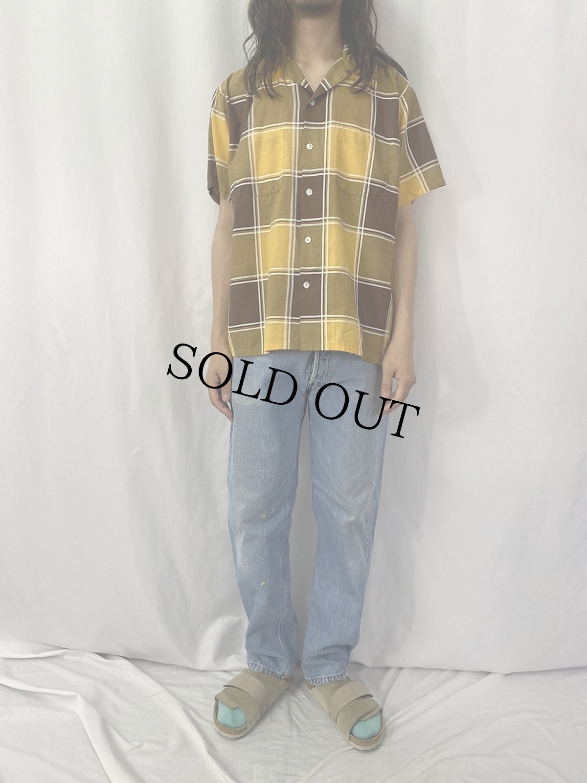 画像2: 70's チェック柄 オープンカラーシャツ L (2)