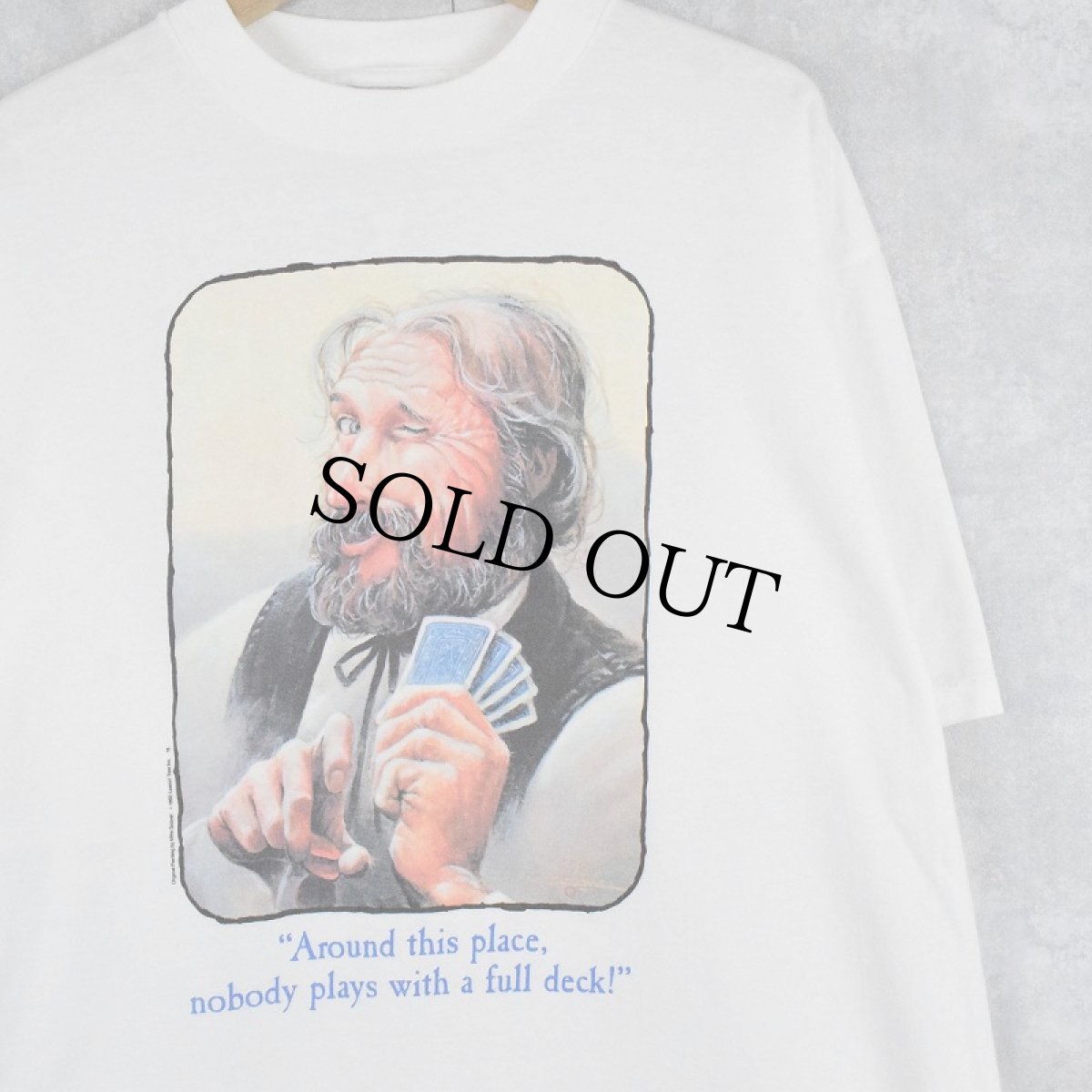 画像1: 90's Mike Scovel USA製 "Around this place, nobady plays with a full deck!" イラストプリントTシャツ XL (1)