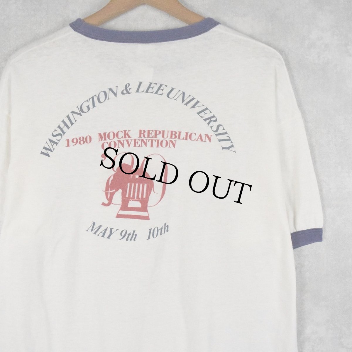 画像1: 80's "WASHINGTON & LEE UNIVERSITY" USA製 象イラストリンガーTシャツ XL (1)