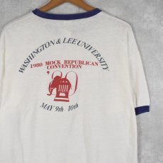 画像1: 80's "WASHINGTON & LEE UNIVERSITY" USA製 象イラストリンガーTシャツ XL (1)