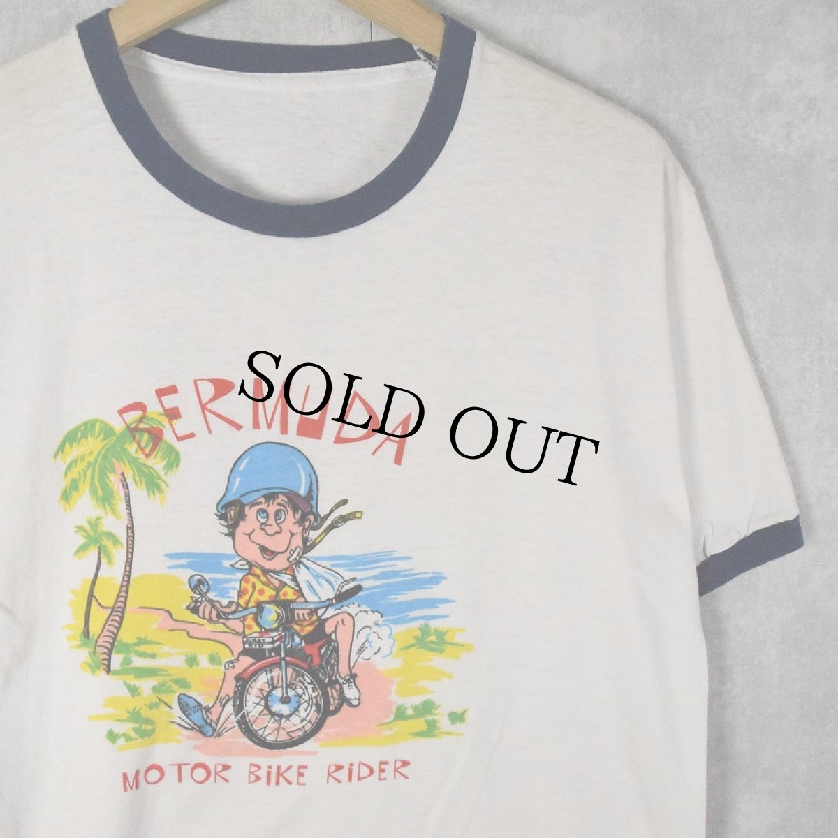 画像1: 70〜80's "BERMUDA MOTOR BIKE RIDER" 染み込みプリントリンガーTシャツ (1)