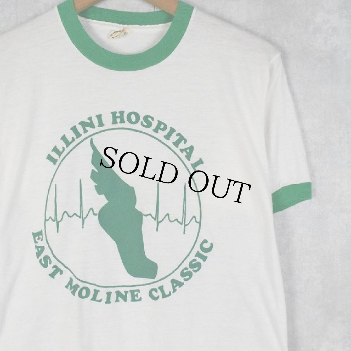 画像1: 80's USA製 "ILLINI HOSPITAL EAST MOLINE CLASSIC" ウイングフット プリントリンガーTシャツ M (1)
