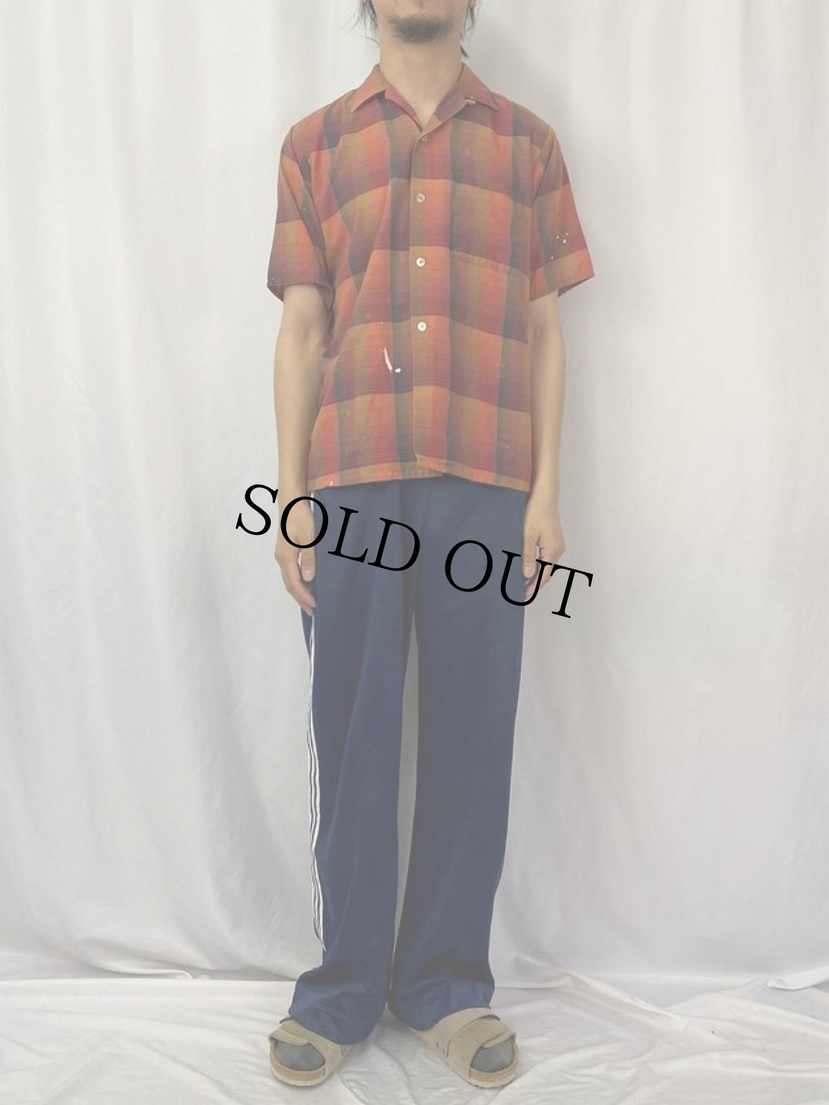 画像2: 60's オンブレーチェック柄 オープンカラーシャツ M (2)