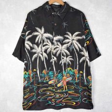 画像1: Silk Traders HAWAII ヤシの木柄 ホリゾンタルパターン シルクアロハシャツ M (1)