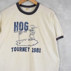 画像1: 80's USA製 "HOG Haven Open Golf" ブタプリントリンガーTシャツ XL (1)