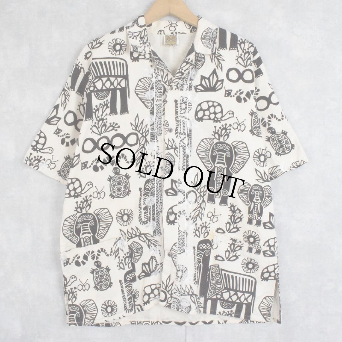 画像1: IMAGE 民族柄 刺繍デザイン コットンオープンカラーシャツ L (1)