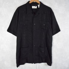 画像1: Havana SHIRT Co. リネン×レーヨン 刺繍デザインオープンカラーキューバシャツ BLACK L (1)