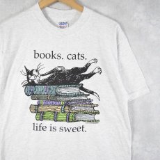 画像1: Edward Gorey "books.cats." イラストプリントTシャツ M (1)