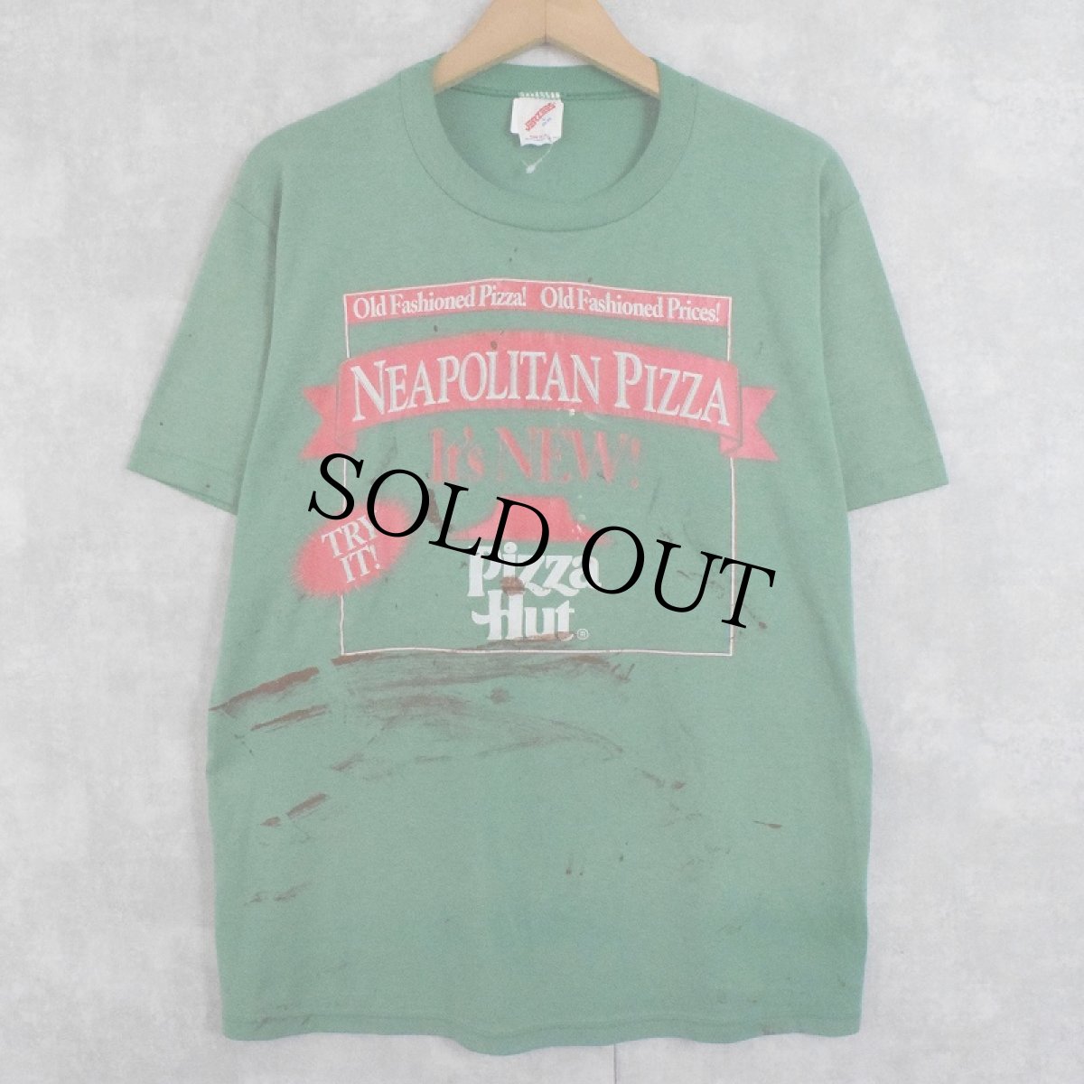 画像1: 80〜90's Pizza Hut USA製 ピザショップロゴプリント ペンキペイントTシャツ L (1)