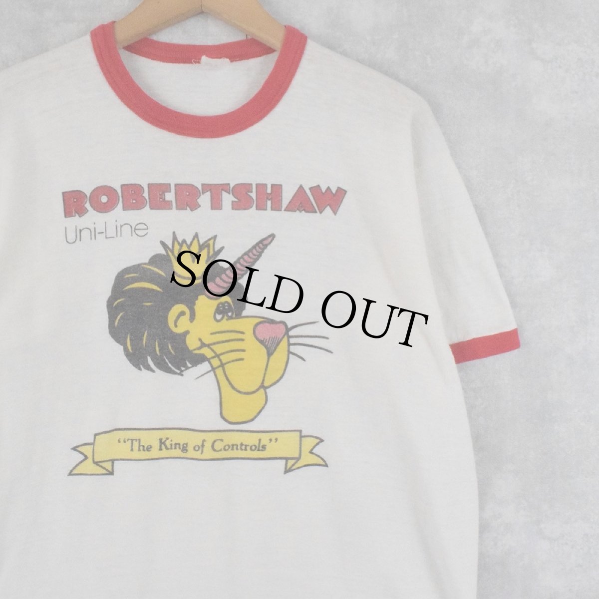 画像1: 80's "ROBERTSHAW Uni-Line" ライオンイラスト 染み込みプリント リンガーTシャツ (1)