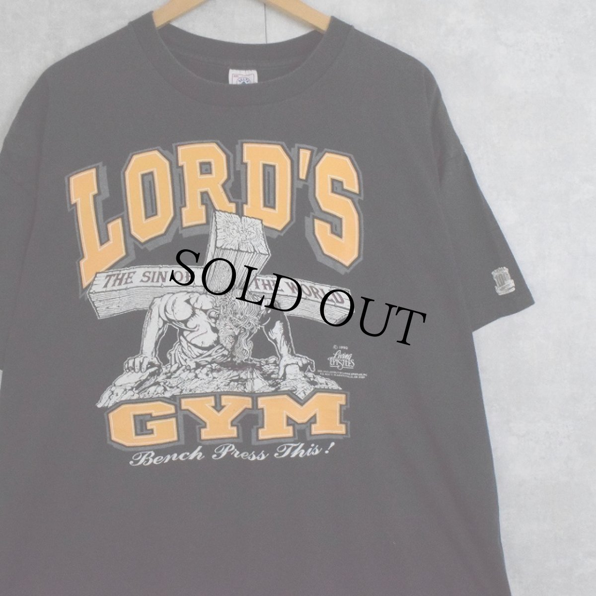 画像1: 90's LORD'S GYM USA製 "HIS PAIN YOUR GAIN" ジーザスパロディTシャツ XXL (1)