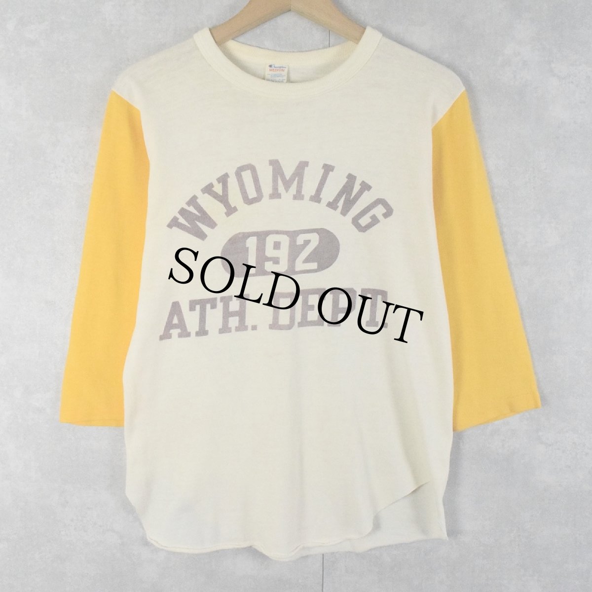 画像1: 80's Champion トリコタグ USA製 "WYOMING ATH, DEPT" 2トーン 染み込みプリントTシャツ M (1)