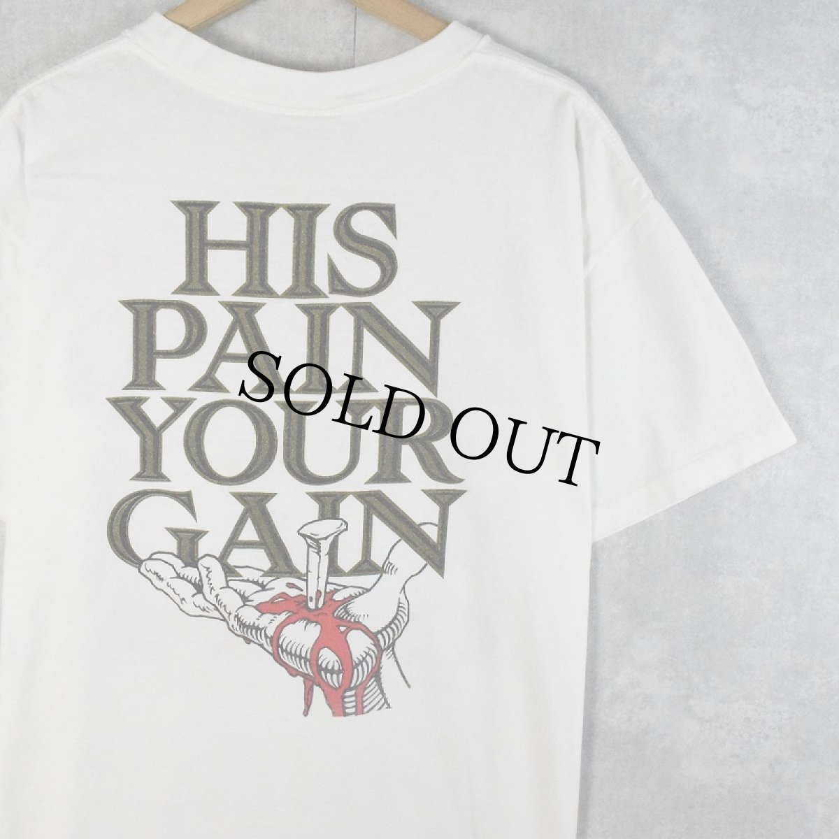 画像2: 90's LORD'S GYM USA製 "HIS PAIN YOUR GAIN" ジーザスパロディプリントTシャツ XL (2)