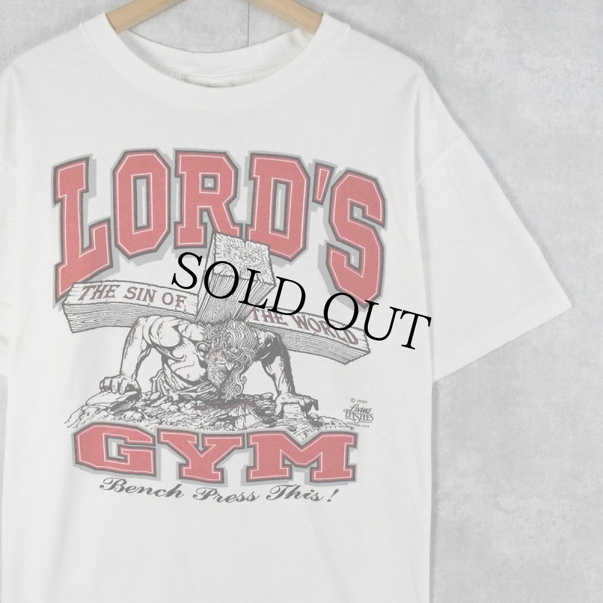 画像1: 90's LORD'S GYM USA製 "HIS PAIN YOUR GAIN" ジーザスパロディプリントTシャツ XL (1)