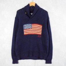 画像1: 90's POLO Ralph Lauren 星条旗柄 リネン×コットン×シルク ショールカラーニットセーター NAVY S (1)