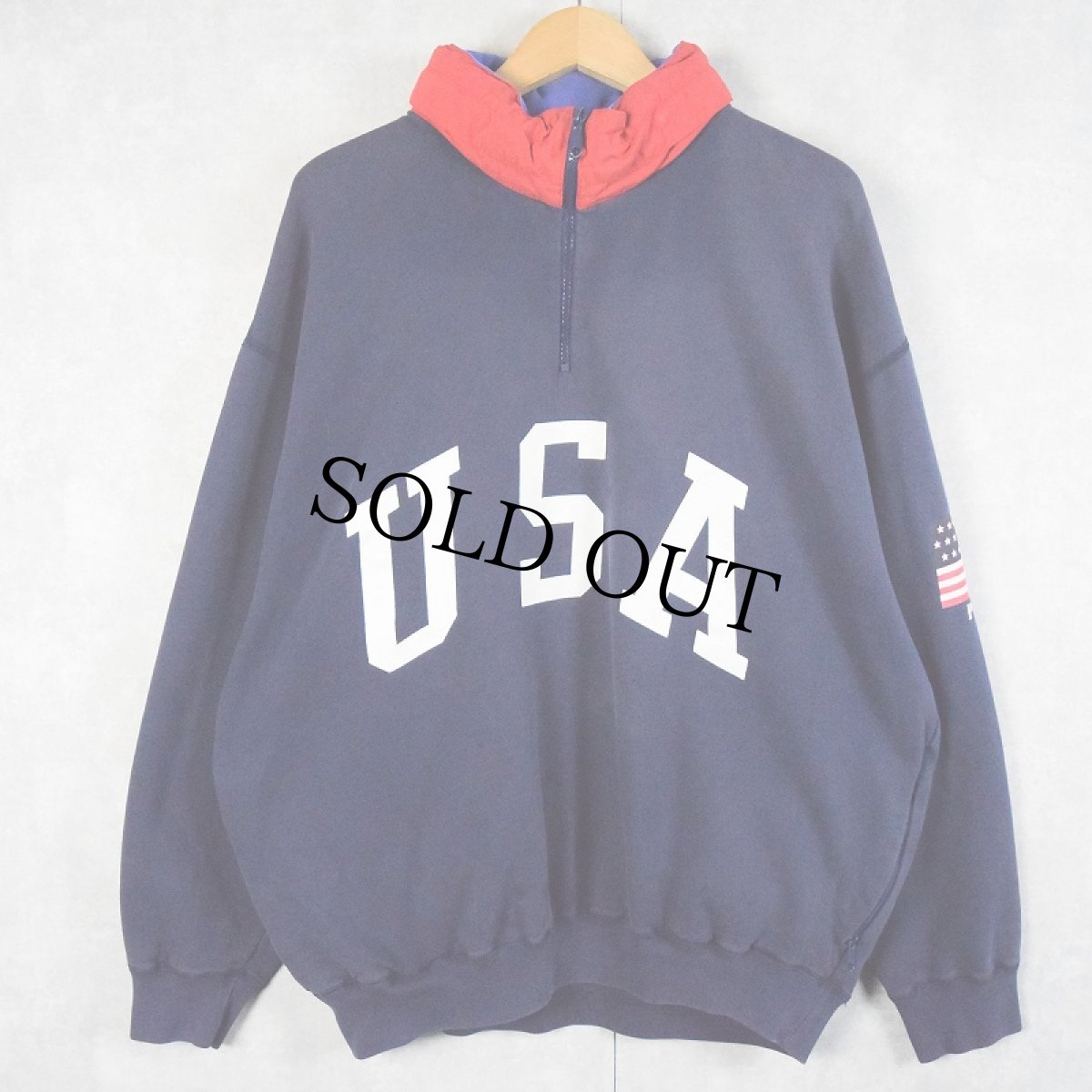 画像1: 90's POLO Ralph Lauren "USA" フード付き ハーフジップ星条旗プリントスウェット NAVY L (1)