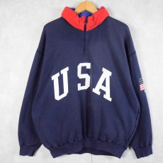 画像1: 90's POLO Ralph Lauren "USA" フード付き ハーフジップ星条旗プリントスウェット NAVY L (1)