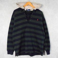 画像1:  POLO Ralph Lauren ボーダー柄 レースアップパーカー M (1)