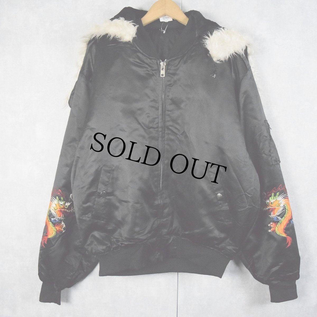 画像2: 90's KOREA製 龍刺繍 ラビットフードサテンジャケット BLACK XL (2)