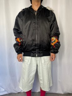 画像3: 90's KOREA製 龍刺繍 ラビットフードサテンジャケット BLACK XL (3)
