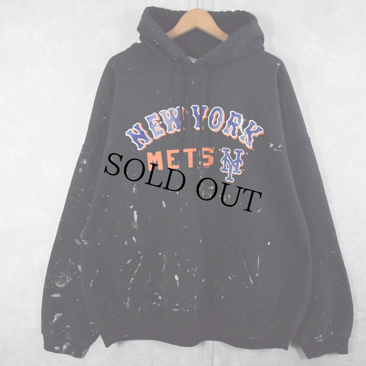 画像1: MLB "New York Mets" ペンキペイント 野球チーム ロゴ刺繍スウェットフーディ BLACK 2XL (1)