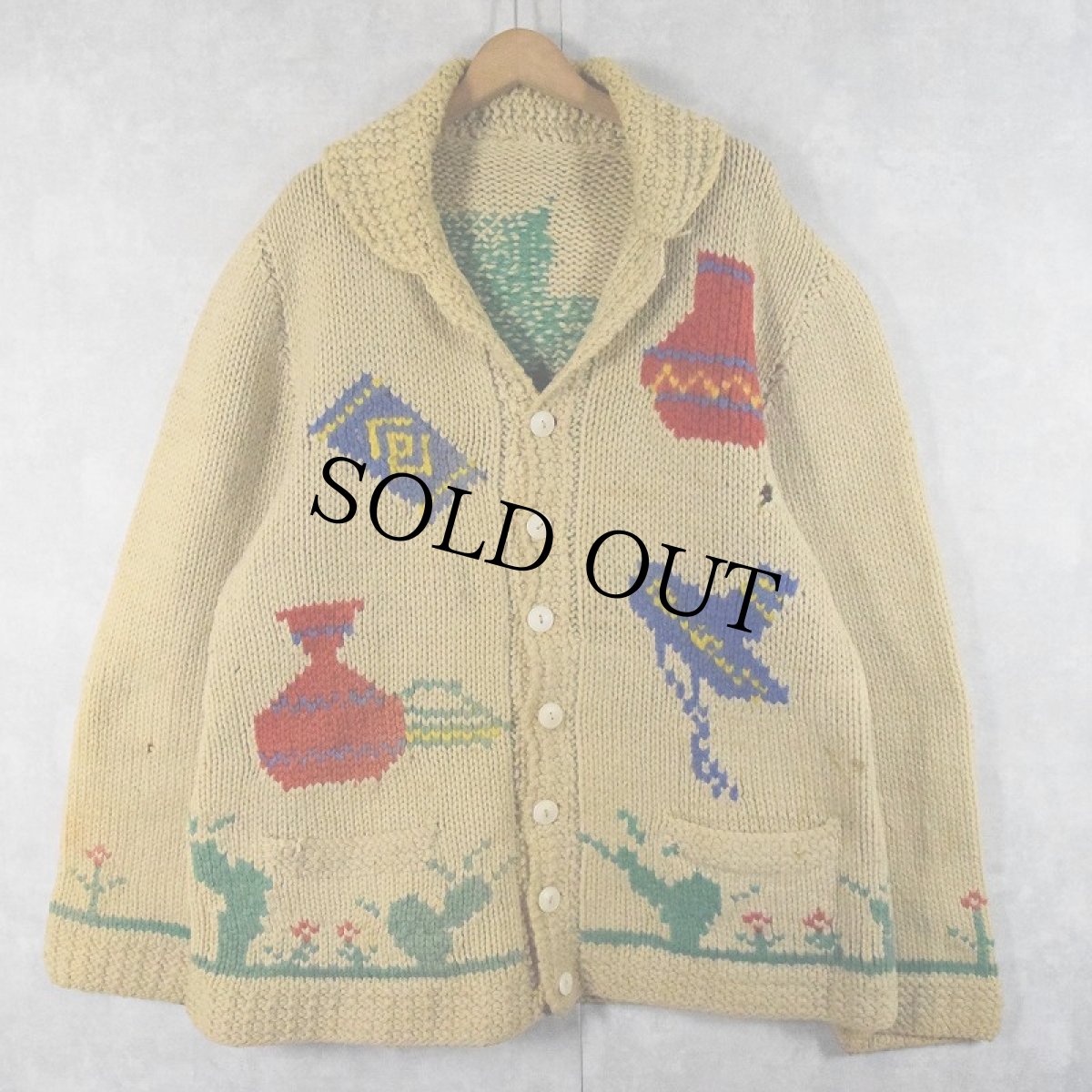 画像2: 60's 風景柄 ウールカウチンニットカーディガン (2)