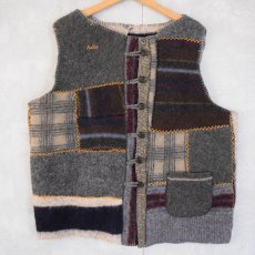 画像1: クレイジーパターン ハンドメイド ウールパッチワークベスト (1)
