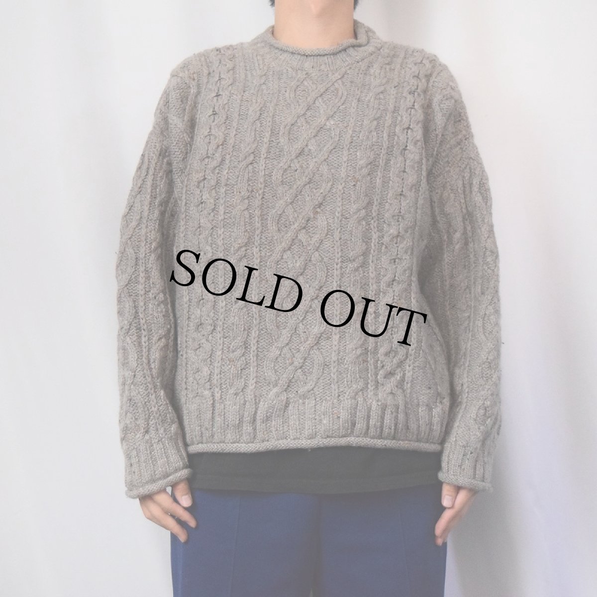 画像2: From the bills of donegal IRELAND製 カラーネップ混 ロールネック アランニットセーター M (2)