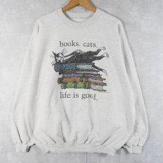 画像1: 90's Edward Gorey "books.cats." イラストプリントスウェット (1)