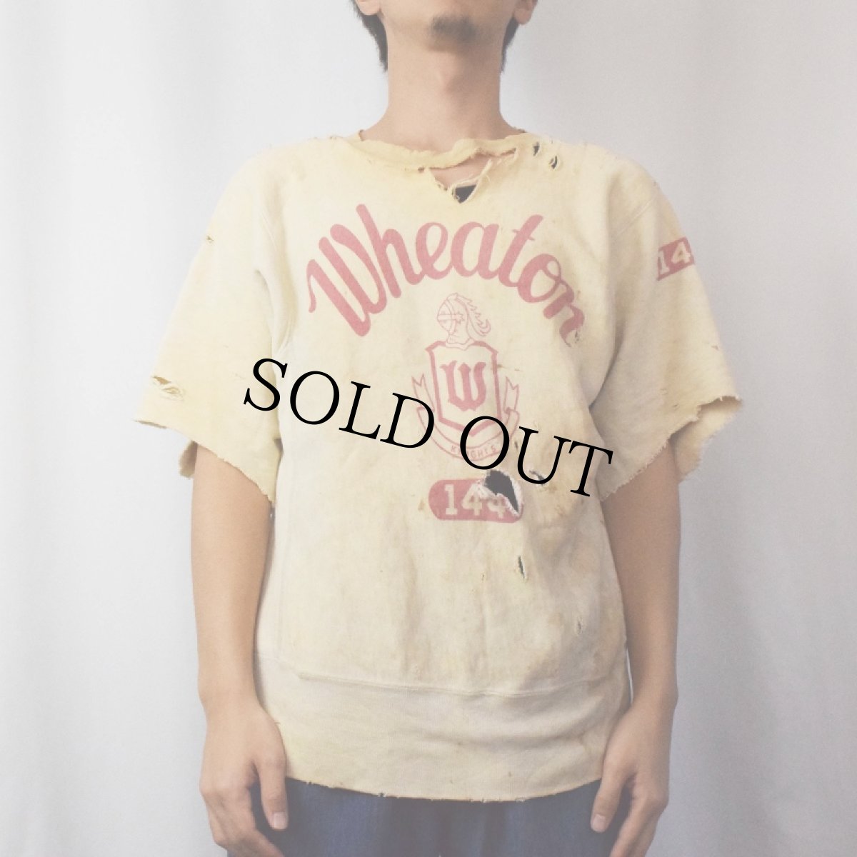 画像2: 60's Champion REVERSE WEAVE タタキタグ "Wheaton" 染み込みプリント カットオフスウェット M (2)