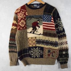 画像1: POLO Ralph Lauren スキー柄 パッチワークデザイン ウールニットセーター M (1)