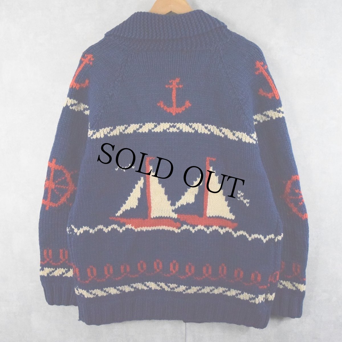 画像2: 60〜70's ヨット柄 ショールカラー カウチンニットジャケット (2)