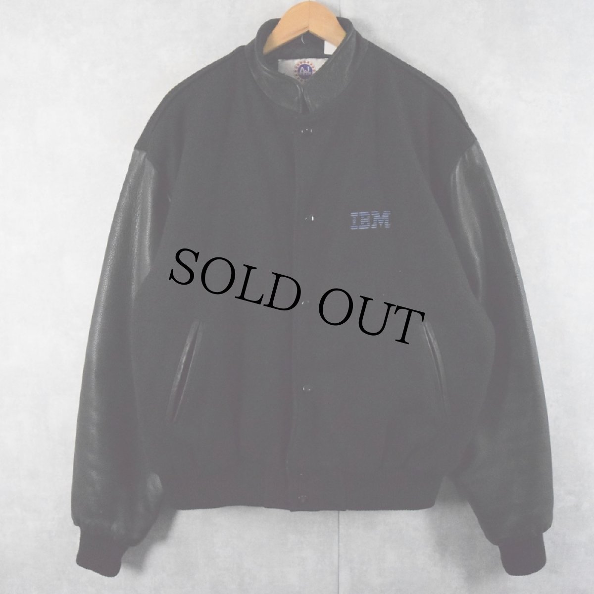 画像1: 90's AJ WEAR CANADA製 "IBM" ロゴ刺繍 メルトン×レザースタジャン BLACK XL   (1)