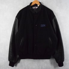 画像1: 90's AJ WEAR CANADA製 "IBM" ロゴ刺繍 メルトン×レザースタジャン BLACK XL   (1)