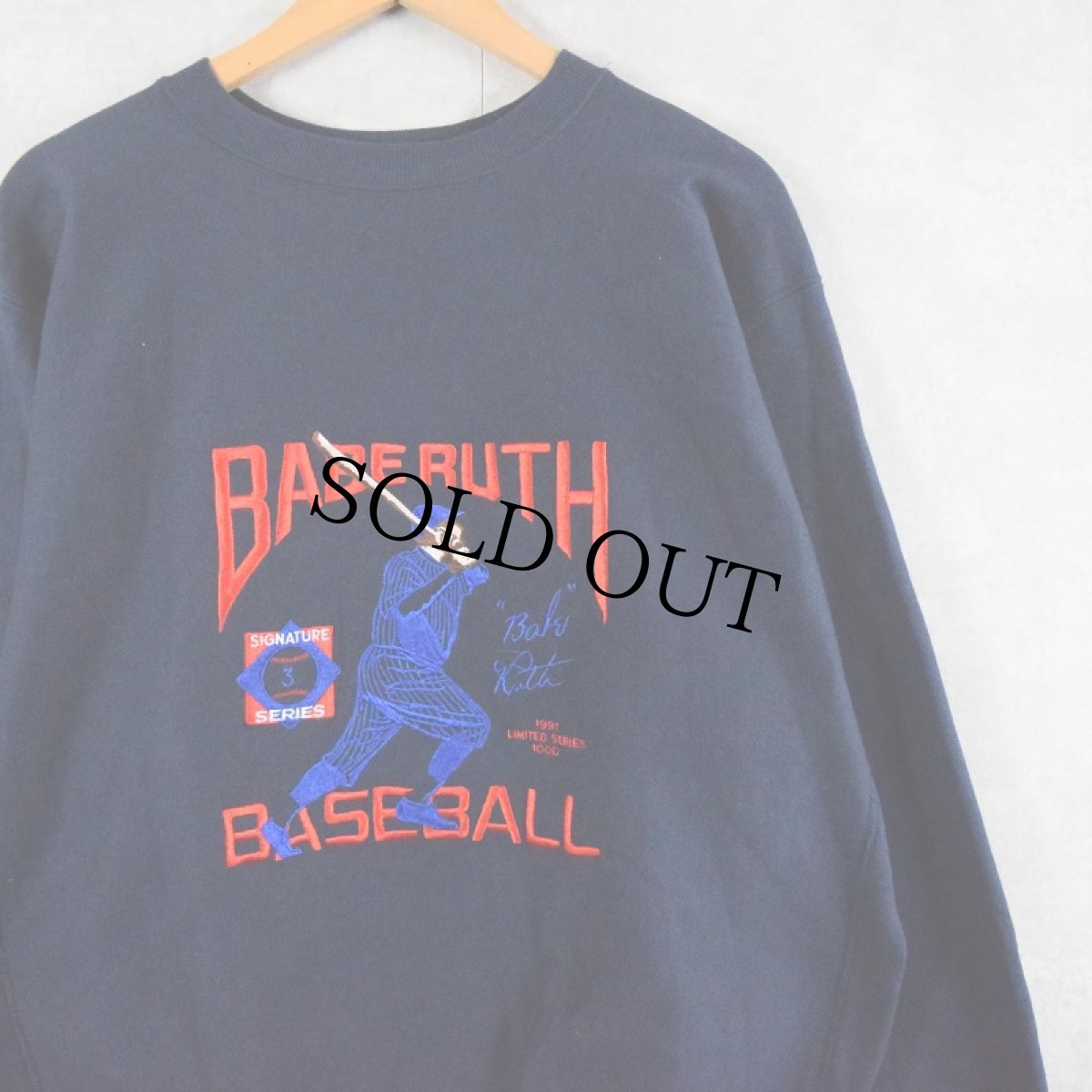 画像1: 90's Chamipon REVERSE WEAVE USA製 "BABERUTH BASEBALL" 刺繍スウェット NAVY XL (1)