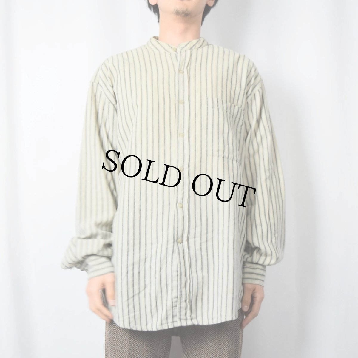 画像2: 〜80's PREFAB ストライプ柄 バンドカラー コットン×リネンシャツ S (2)