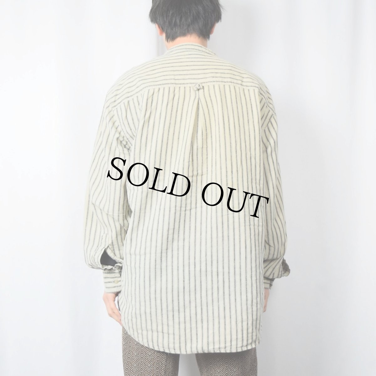 画像3: 〜80's PREFAB ストライプ柄 バンドカラー コットン×リネンシャツ S (3)