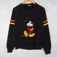 画像1: 80〜90's Disney MICKEY MOUSE USA製 フロッキープリント ラグランスウェット BLACK L (1)