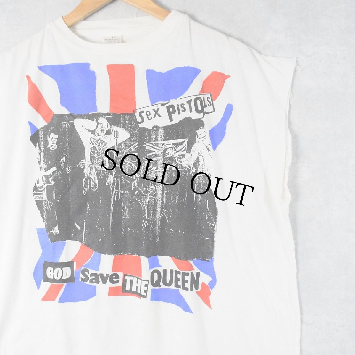 画像1: 90's Sex Pistols "God Save The Queen" ハードコアパンクバンド  ハンドプリント カットオフスリーブTシャツ XL (1)