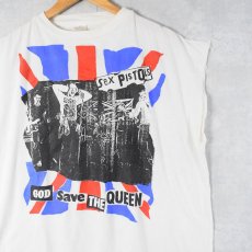 画像1: 90's Sex Pistols "God Save The Queen" ハードコアパンクバンド  ハンドプリント カットオフスリーブTシャツ XL (1)