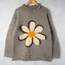 画像1: 【SALE】 花柄 ロールネック ウール ハンドニットセーター (1)